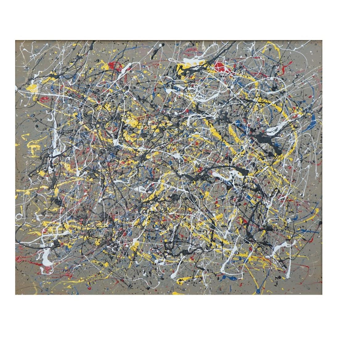 Mid 20th Century Oil on Canvas: Mid 20th Century Oil on Canvas in the Manner of Jackson Pollock. Unsigned. Measures 20" H, 24" W; frame measures 25-1/4" H, 29-1/2" W. Condition: Good condition. Estimate: $100.00 - $300.00 Domestic S