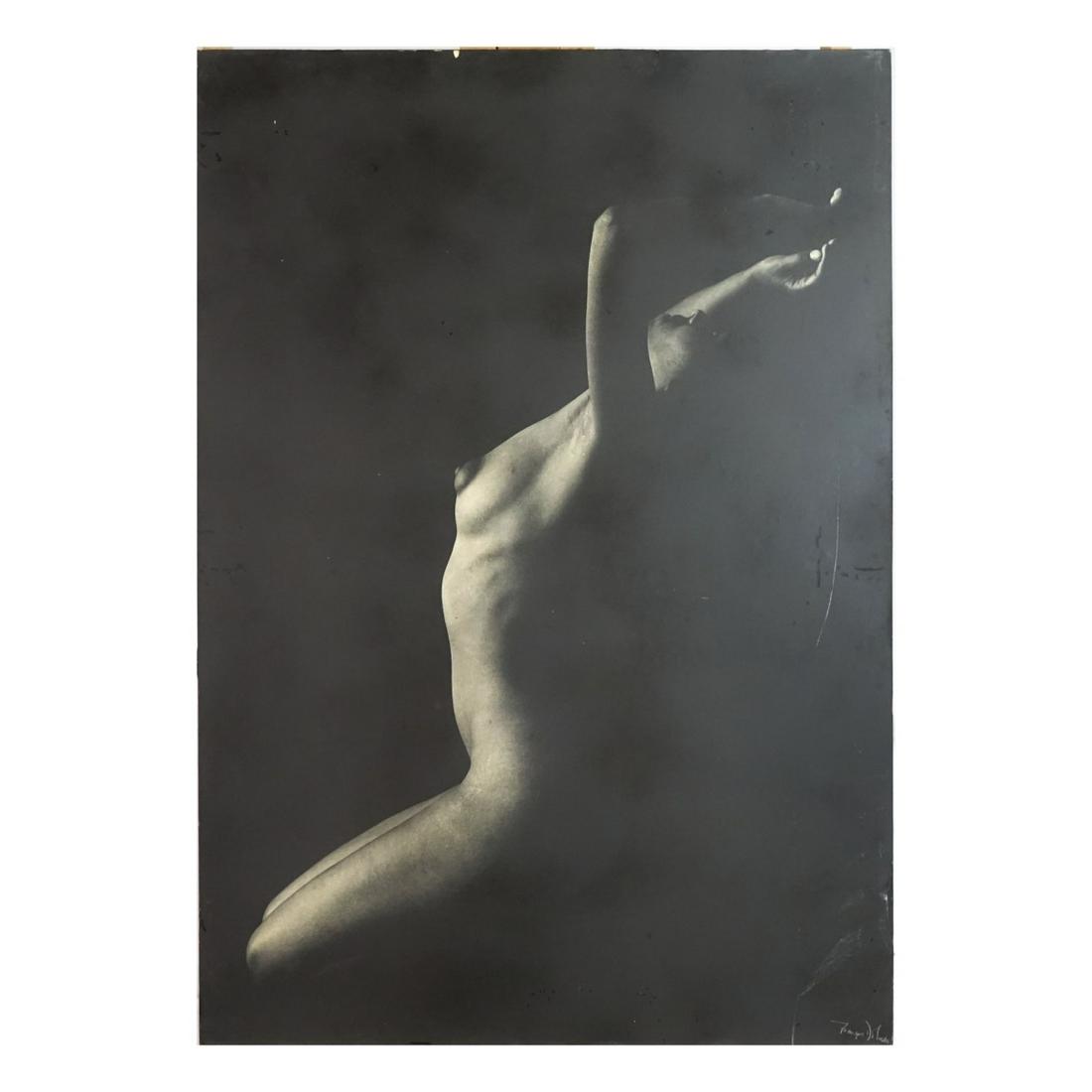 20th C. Print on Masonite: 20th Century Silver Gelatin Prints on Masonite Board "Reclining Nude" signed lower right (artist unknown). Measures 38-1/2" x 26-1/4". Condition: Some wear to the surface, scuff mark otherwise good co