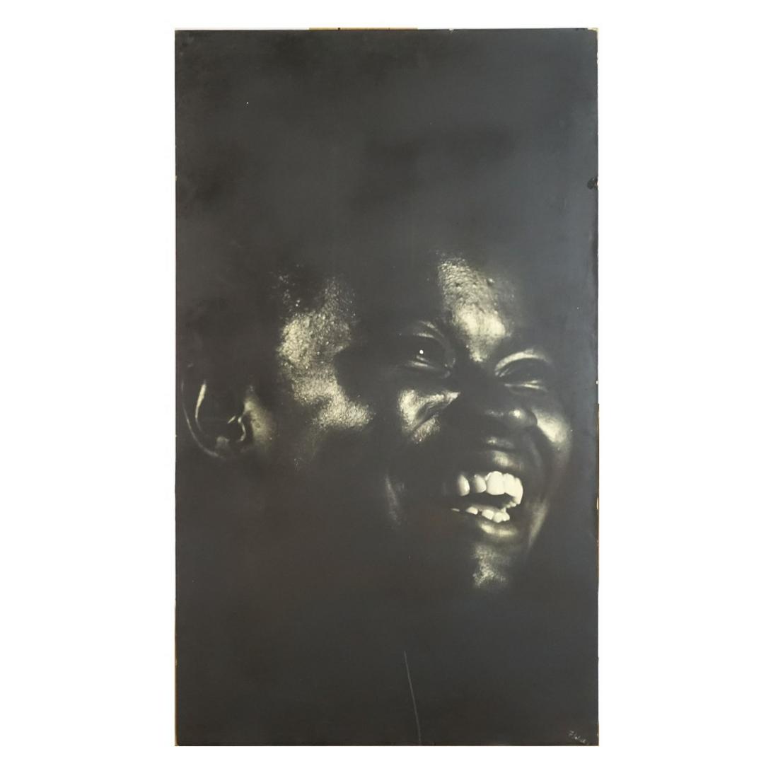 20th C. Print on Masonite: 20th Century Silver Gelatin Print on Masonite Board "Portrait of a Young Boy" signed lower right (artist unknown). Measures 33-1/2" x 19-3/8". Condition: Some slight wear to the edges, scuff mark othe