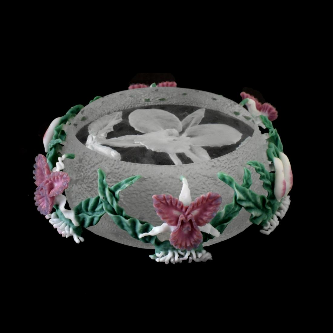Barry Sautner, American (1952 - 2009): Barry Sautner, American (1952 - 2009) Art Glass Paperweight "Orchid #4" Signed and Dated 1986. Clear and frosted glass with orchid flower en centre, and painted raised floral relief on outer surface.