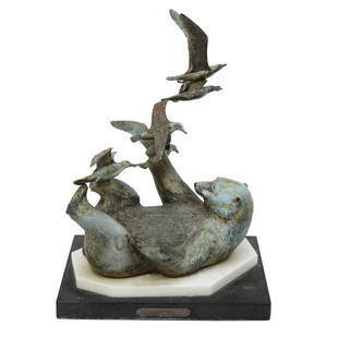 Kim Kori, American (20/21st C.): Kim Kori, American (20/21st century) Bronze Sculpture on Marble Base "Bear with Bird" Tag Signed Lower. Measures 16-3/4" x 12". Condition: Heavy rubbing and soiling otherwise good condition. Estimate: