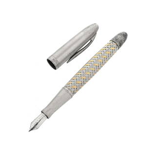 Porsche Design Pen: Porsche Design Tec Flex Fountain Pen. 750 - 18ct white gold nib. Woven stainless steel and vermeil detail. Marked on accent. Measures 5-3/4" x 1/2". From the collection of The Honorable Ned L. Siegel,