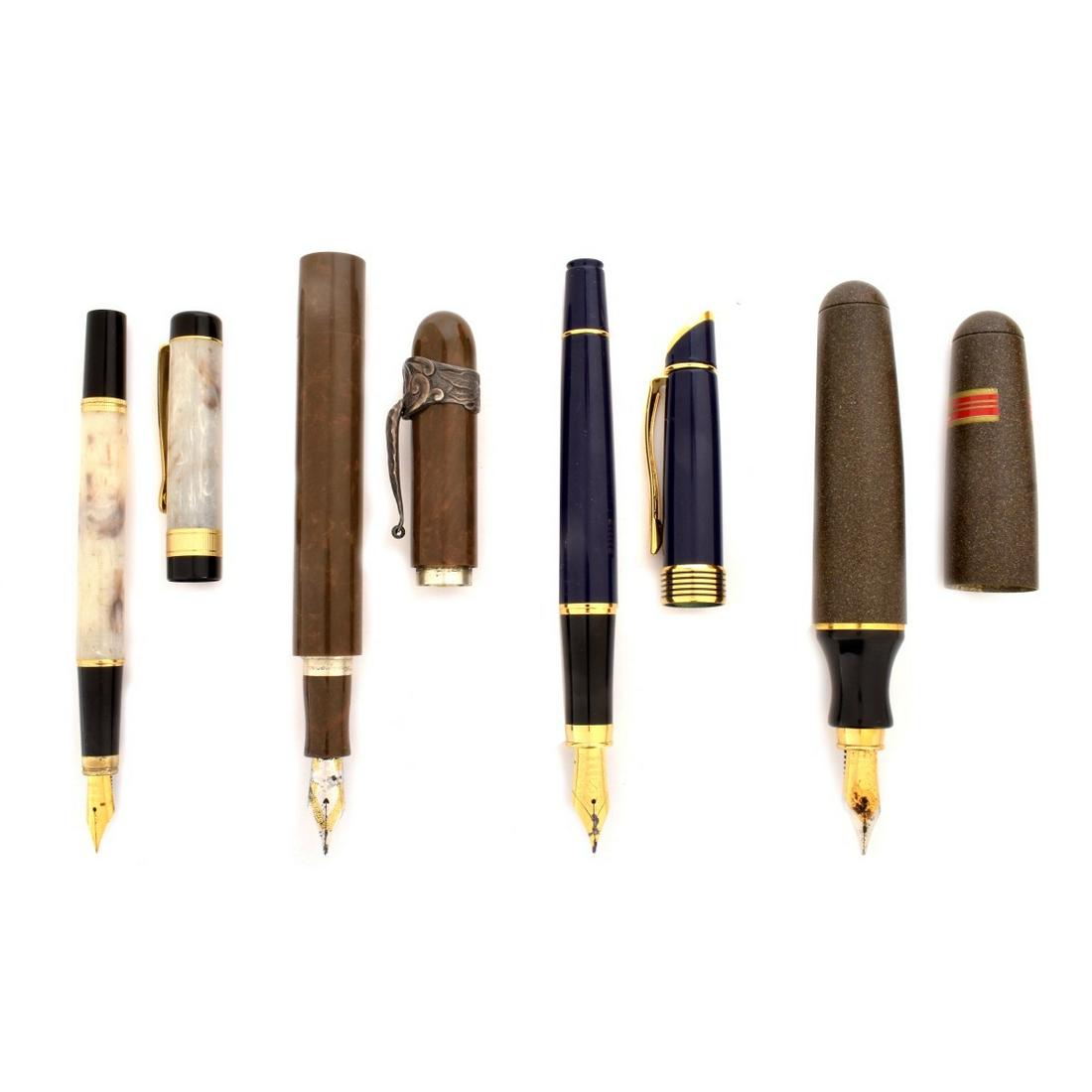 Fountain Pens: Lot of Four (4) Fountain Pens. Makers consists of: : Campo Marzio, Monte Grappa, Quill, and a unsigned Taiwanese. Each with engraved metal or iridium nibs. Monte Grappa measures 5-3/4", Campo Marzio m