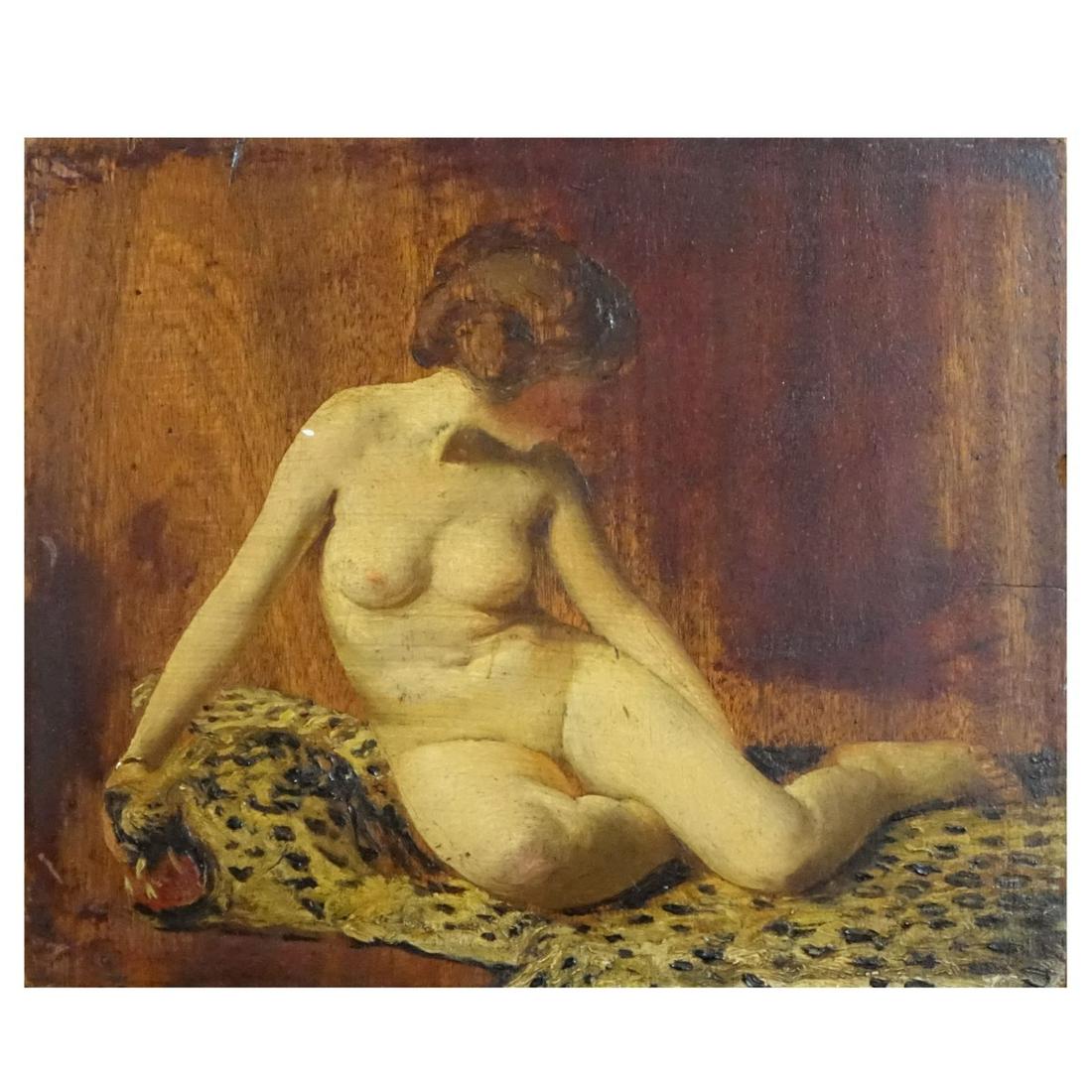 Oil on Wood Panel: 20th Century Oil on Wood Panel "Reclining Nude on Leopard" Unsigned. Remnants of an old label on reverse side. Measures 8-1/2" x 10-1/2", frame measures 13-3/4" x 15-3/4". Condition: Good condition. E