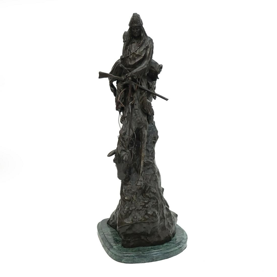 After: Frederic Remington (1861-1909): After: Frederic Sackrider Remington, American (1861 - 1909) Bronze Sculpture Mounted on Marble Base "The Mountain Man" Signed. Overall measures 28-3/4" x 10-3/4" x 14". Condition: Good condition. Esti