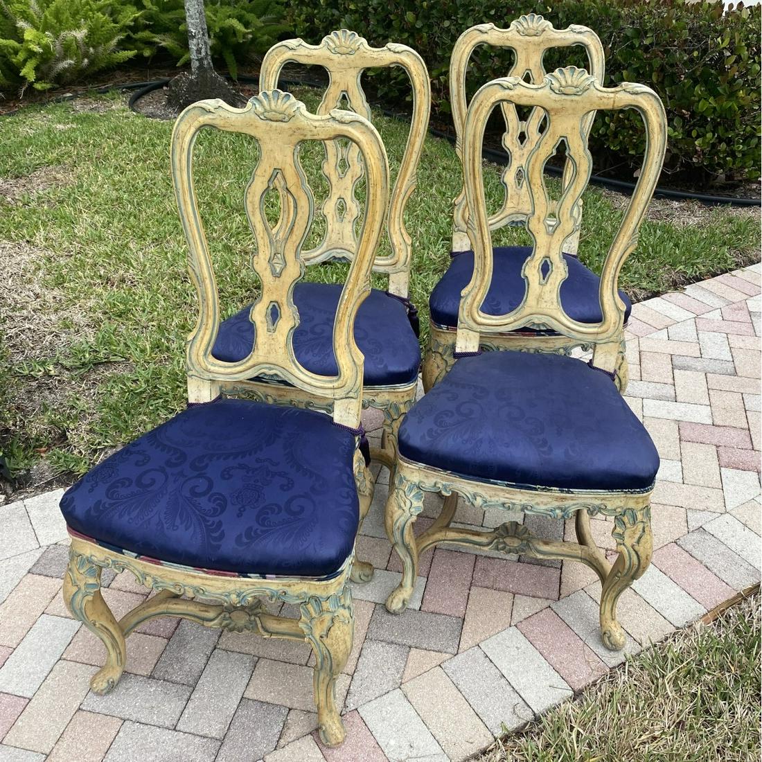 Dining Chairs: Set of Four (4) Italian Carved Venetian Style Dining Chairs. Measures 42-1/2" x 21" x 17". Seat height 19-1/2". Condition: Good condition. Estimate: $200.00 - $400.00 Domestic Shipping: Third party
