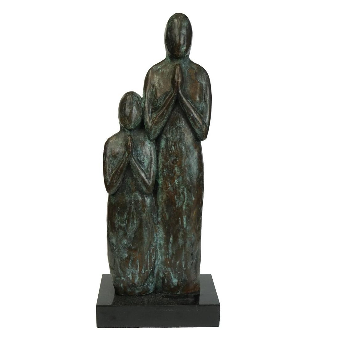 Larry Mohr, American (1921 - 2013): Larry Mohr, American (1921 - 2013) Bronze Sculpture on Plinth Base "Praying Figures" Signed, Bears a Museum of Arts Monogram, and Marked Cast 1991. Overall measures 12-7/8" x 5-1/4" x 3". Provenance: