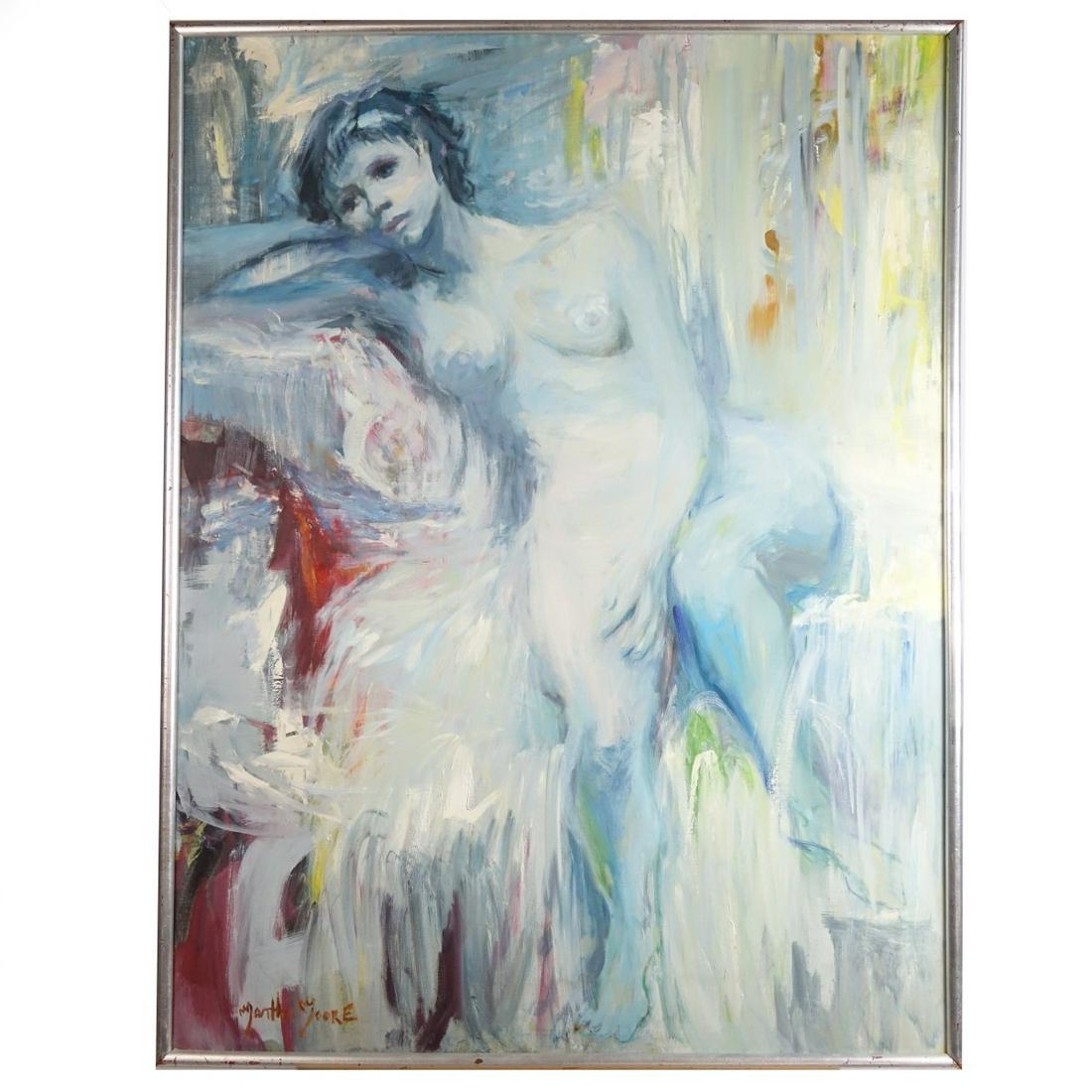 Martha Elizabeth Moore (1913 - 1982): Martha Elizabeth Moore, American (1913 - 1982) Oil on Canvas "Reclining Nude" Signed Lower Left. Measures 50" x 37-3/4", frame measures 51-1/2" x 39-1/2". Condition: Good condition. Estimate: $100.00 