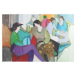 Itzchak Tarkay (1935 - 2012): Itzchak (Isaac) Tarkay (1935 - 2012) Lithograph on Paper "Conversation at Lunch" Signed and Numbered 92/300. Measures 31-3/4" x 44", frame measures 49" x 61-1/8". Condition: Minor creasing top left ot