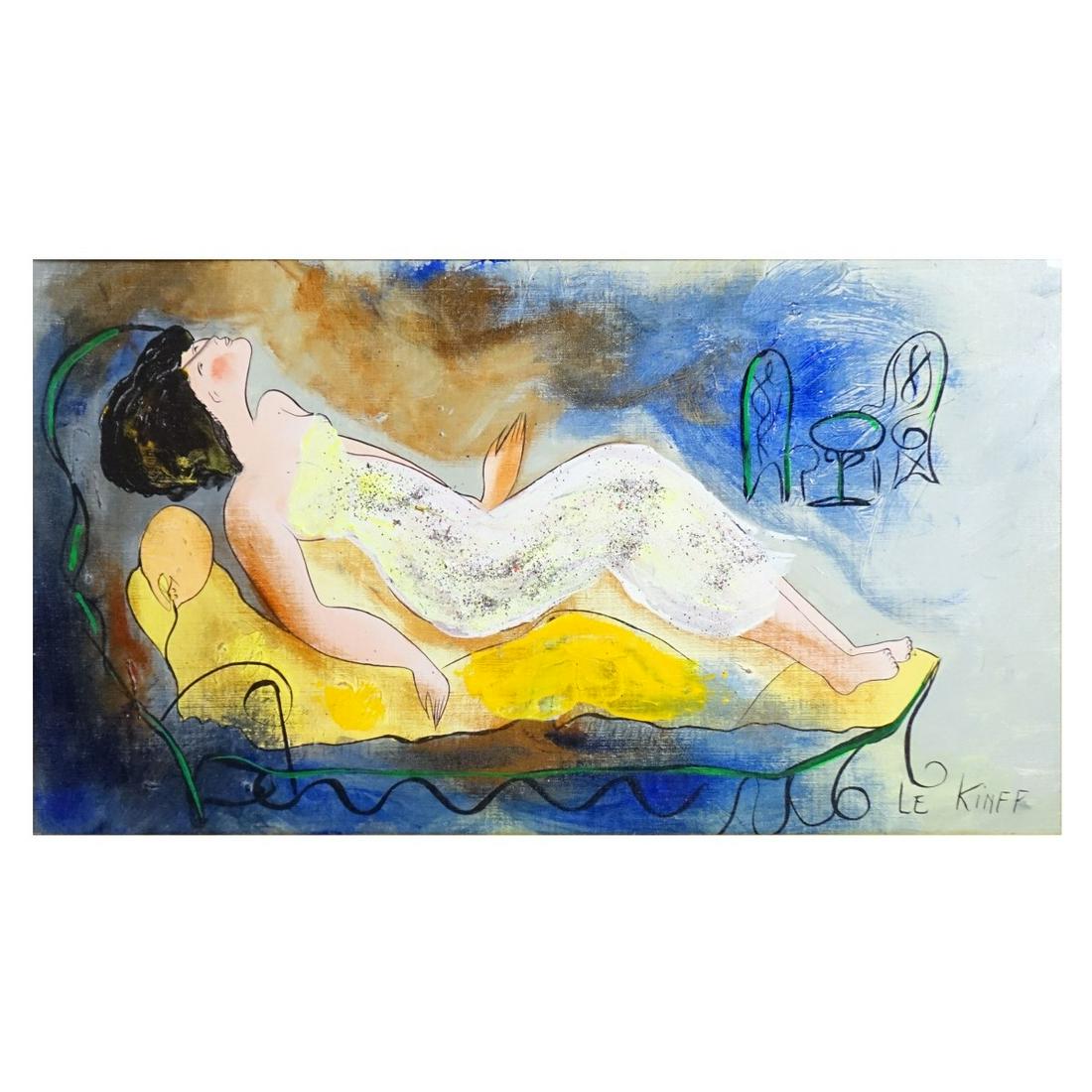 Linda Le Kinff (Born 1949): Linda Le Kinff, French (Born 1949) Acrylic on Canvas "Reclining Beauty" Signed Lower Right. Measures 15-1/2" x 28", frame measures 26" x 38-1/2". Condition: Good condition. Estimate: $100.00 - $300.00