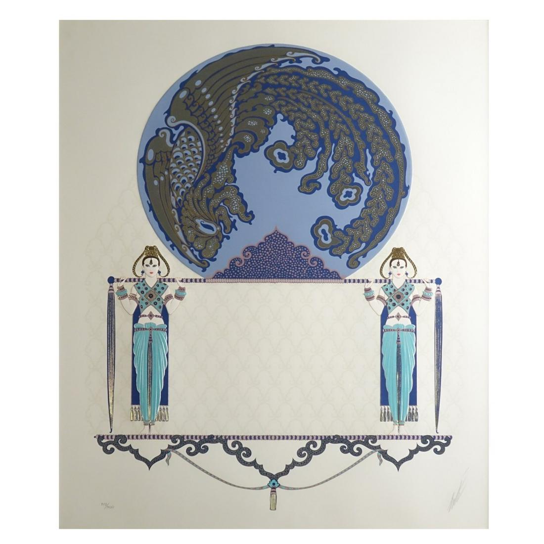 Erte, Russian/French (1892-1990): Erte, Russian/French (1892 - 1990) Color Serigraph on Arches Paper "Blue Asia 1985" Signed and Numbered 212/300. Arches mark top right corner. Measures 24-3/8" x 17", frame measures 38-3/4" x 32-1/2".