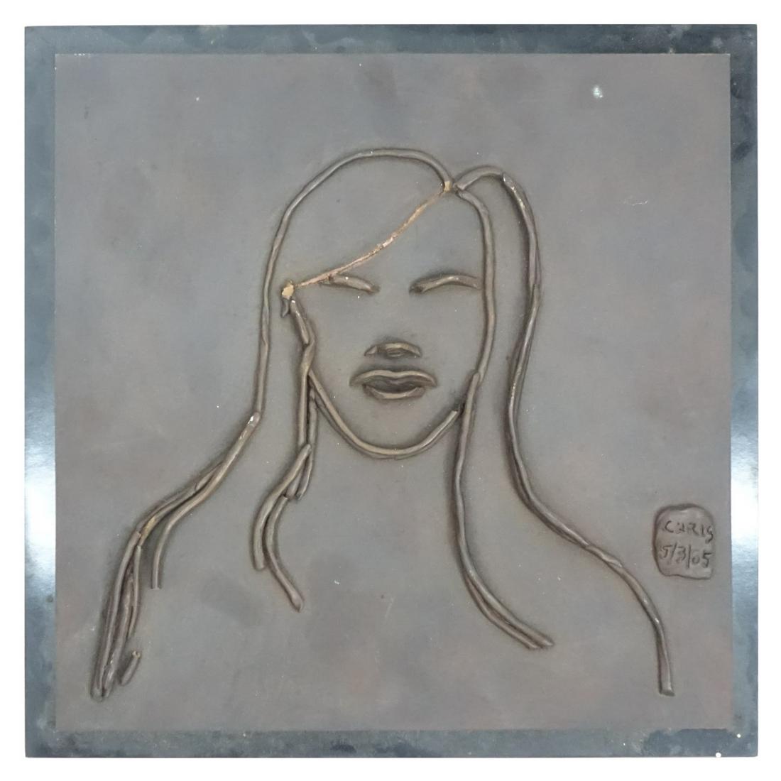 Larry Mohr, American (1921 - 2013): Larry Mohr, American (1921 - 2013) Bronze and Composition Wall Hanging Line Sculpture Mounted on Wooden Backing, "Chris" (Erotic Composition) Signed and Dated 5/3/85 Lower Right. Measures 11-3/4" x 11