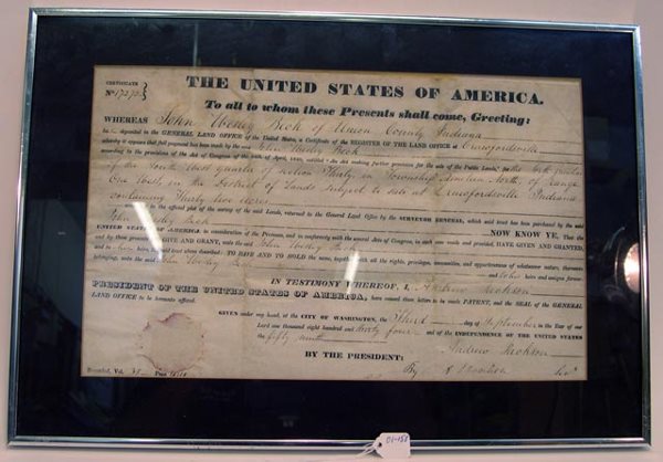 Andrew Jackson Land Deed Document Signed as Pres: Andrew Jackson Land Deed Document Secretarially Signed and Dated When he was President, September 3, 1834, vellum, granting 32 Acres of land in Crawfordsville, Indiana to John Wesley Beck. Light foxin