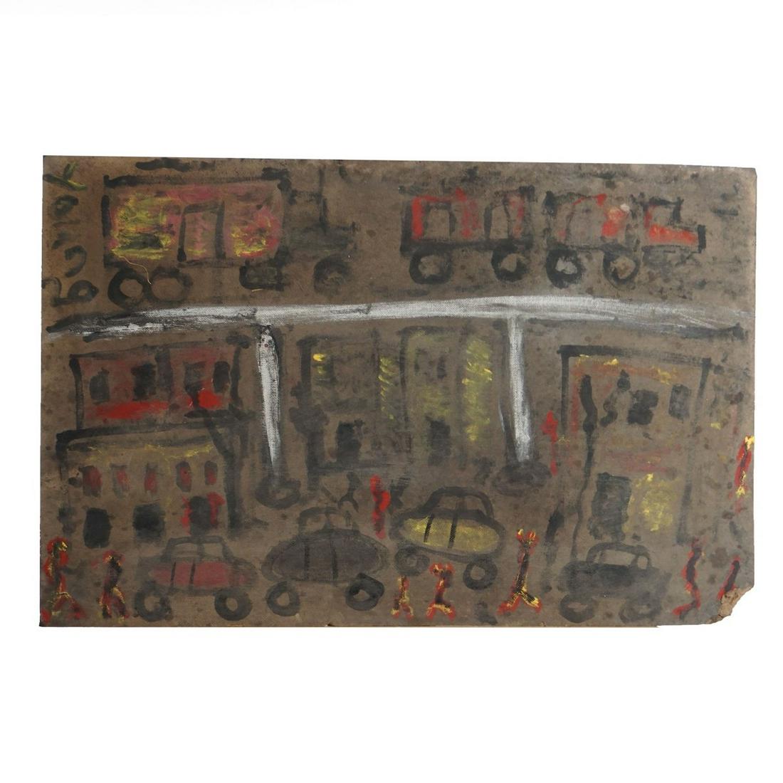 Purvis Young (1943 - 2010): Purvis Young, American (1943 - 2010) Mixed Media on Found Masonite Board "Street Scene" Signed Young. Measures 22-1/8" x 13". Condition: Board in as is found condition. Estimate: $200.00 - $500.00 Dom