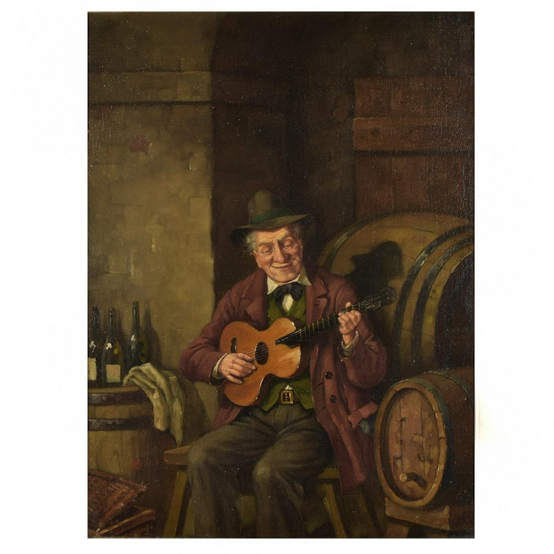 Hans Kerner (20th C.): Hans Kerner (20th Century) Oil on Canvas "Guitar Player" Tag Affixed to The Frame Reading "Karl Kerner". Sight measures 15-1/2" x 11-1/2", frame measures 22-3/4" x 18-3/4". Condition: Good condition. 