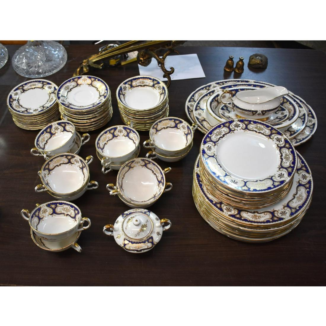 English Paragon Bone China Dinnerware: Seventy Seven Piece Vintage English Paragon Bone China Dinnerware in the Venice Pattern. Including twelve 10-1/2" dinner plates; twelve 8" salad plates; twelve 5-1/2" fruit bowls; twelve 6-1/8" bread 