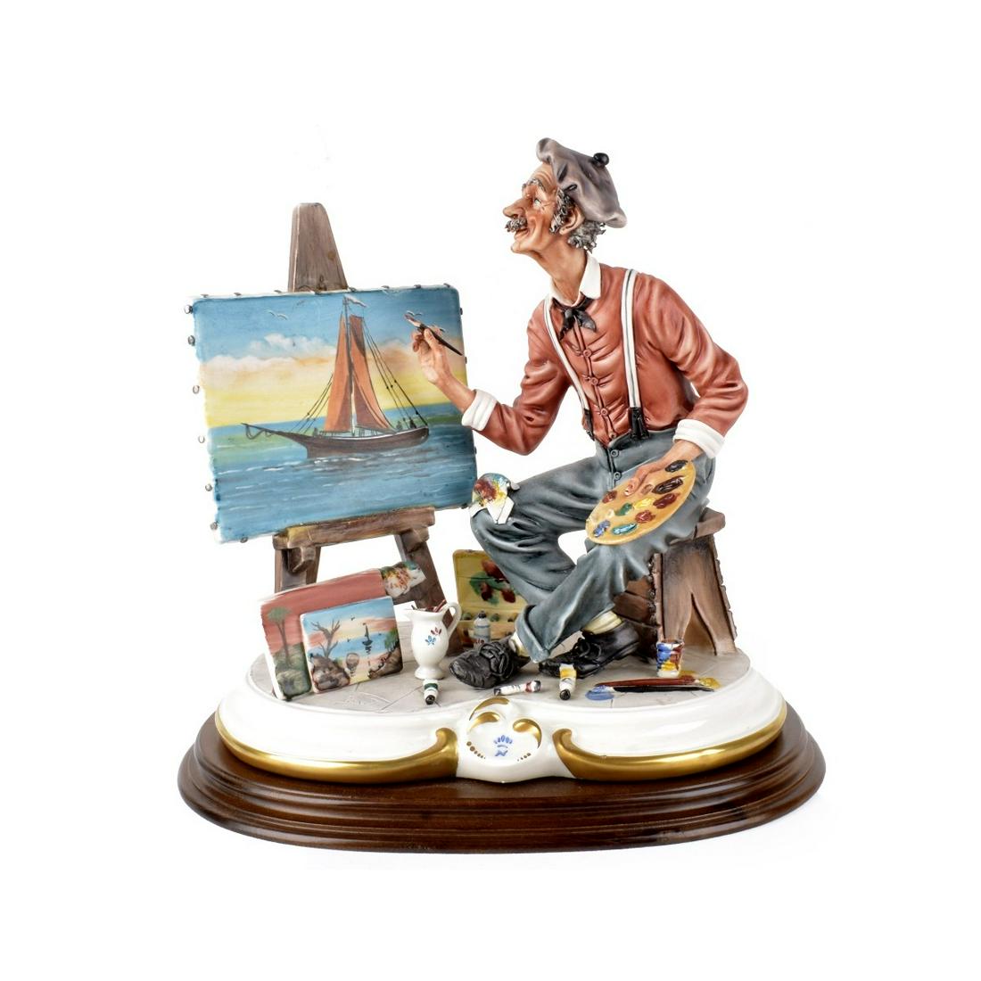 Capodimonte Figurine: Vintage Capodimonte Porcelain Figurine of an Oil Painter. Signed and artist signed Roris. Measures 11-1/2" x 11-1/4" x 7-1/2". Condition: Good condition. Estimate: $100.00 - $300.00 Domestic Shipping: