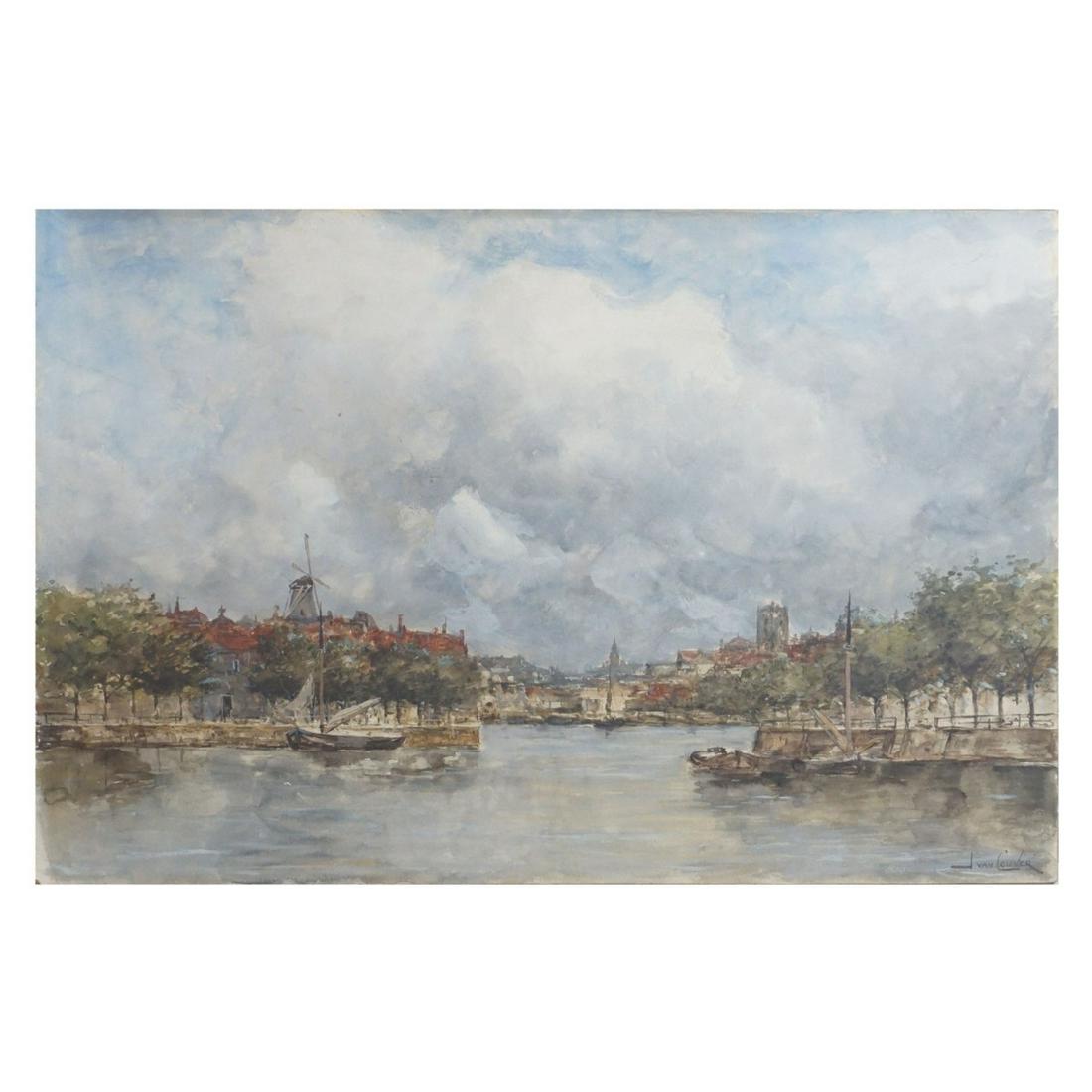 Ivan Couver (19th C.): Ivan Couver, Danish (19th Century) Oil on Cardboard "View of the Netherlands" Signed Lower Right. Measures 14-1/2" x 21", frame measures 25-1/2" x 31-5/8". Condition: Some bending to the lower left co