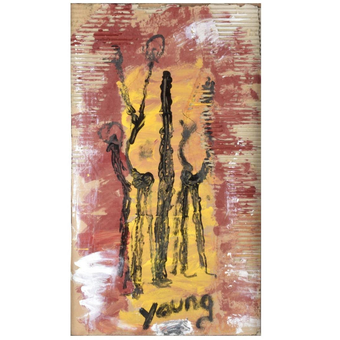 Purvis Young (1943 - 2010): Purvis Young, American (1943 - 2010) Mixed Media on Found Cardboard "Horses" Signed Lower Center. Sight measures 19-1/2" x 11-1/4". Frame measures 22-1/2" x 14-1/2". Condition: Good found condition. E