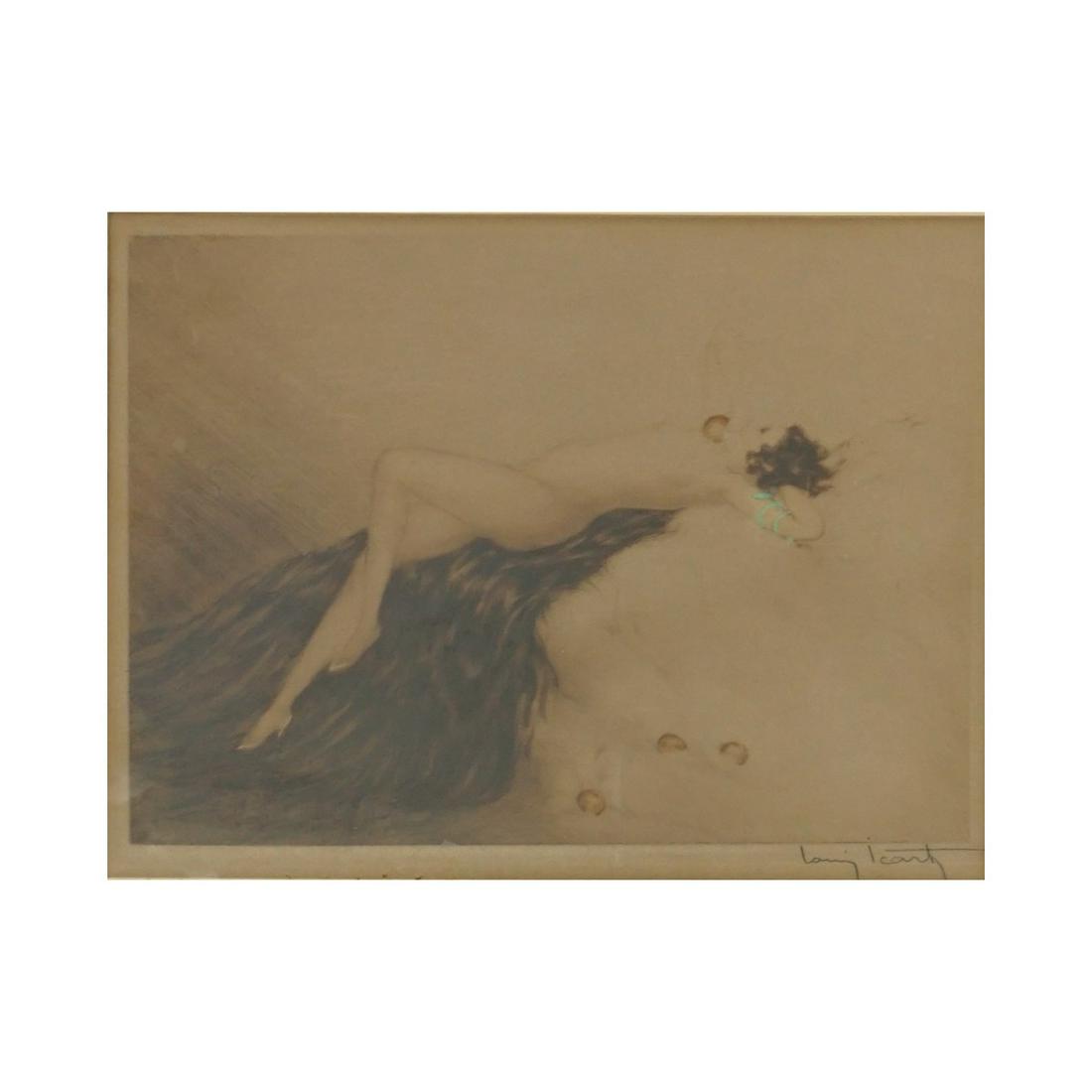 Louis Icart (1888 - 1950): Louis Icart, French (1888 - 1950) Color Etching on Paper "Reclining Nude" Signed Lower Right. Windmill blindstamp lower left. Copyright mark upper left corner. Sight measures 8-1/4" x 10-3/4", frame m