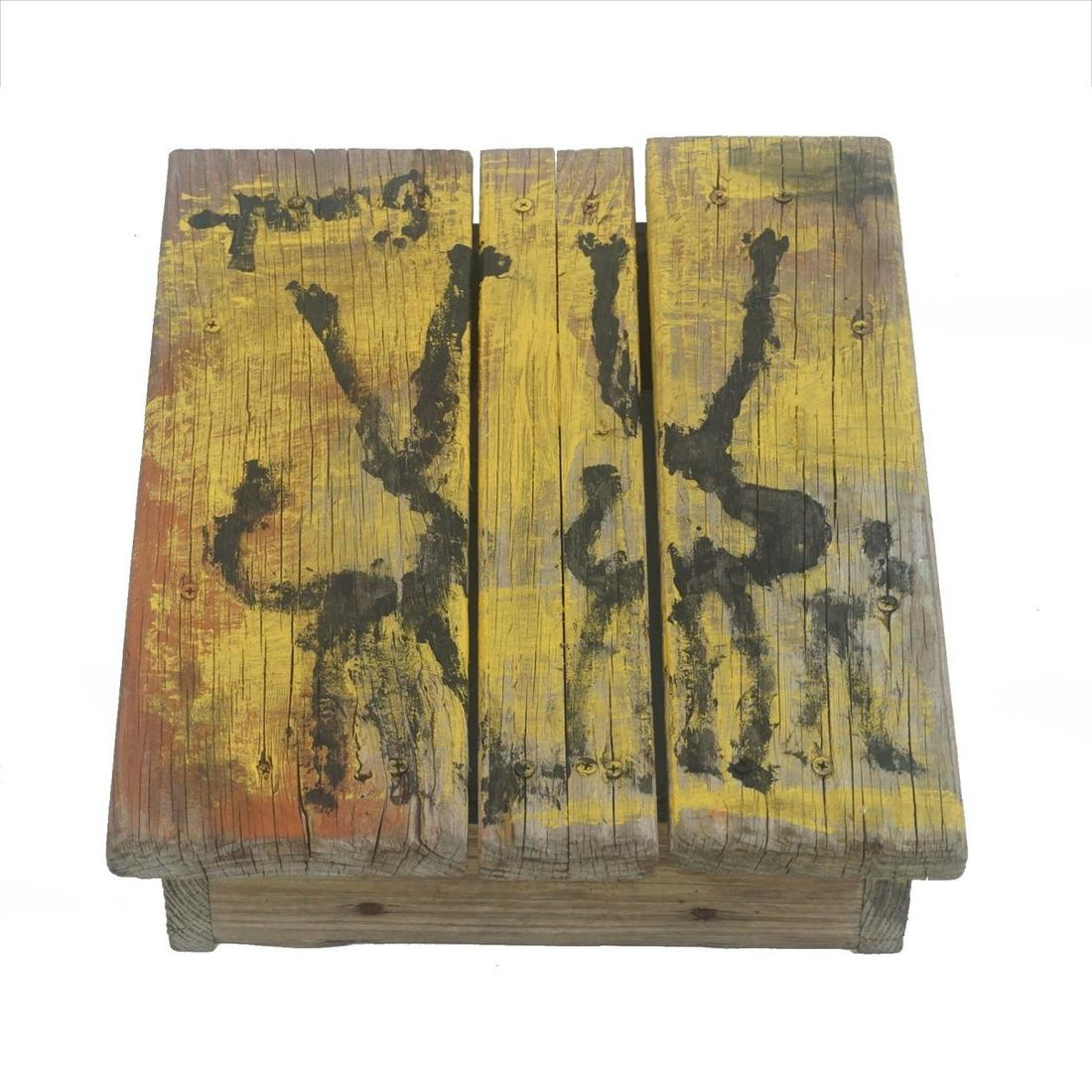 Purvis Young (1943 - 2010): Purvis Young, American (1943 - 2010) Mixed Media on Found Wood Basket "Horses" Signed Young. Measures 16-3/4" x 13" x 4-1/4". Condition: Wood in found as is condition. Estimate: $100.00 - $500.00 Dome