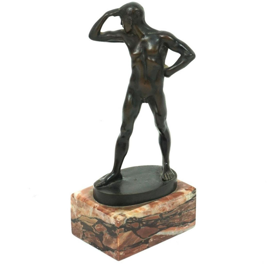 Hans Schaefer, American (Born 1875): Hans Schaefer, American (Born 1875) Bronze Sculpture Mounted Marble Base "Study of a Nude Male" Signed on Obverse Side. Sculpture measures 6-1/8" x 2-3/4". Overall measures 7-3/4" x 3-3/8" x 2-3/8". C
