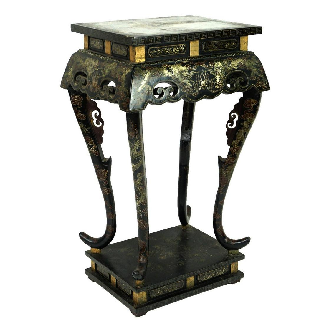 Chinese Ming style Pedestal: Chinese Early to Mid 20th Century Ming style Parcel Gilt Decorated Lacquer Pedestal. Measures 33-1/2" H, 19-1/2" W, 15-1/2" D, Condition: Rubbing, a few dings and minor surface losses. Overall good co
