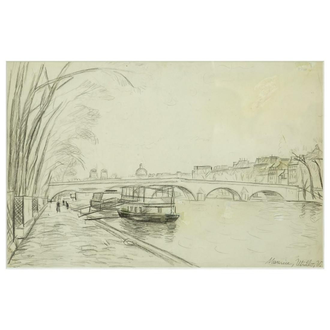 Attrib: Maurice (Valadon) Utrillo Drawing: Attributed to: Maurice (Valadon) Utrillo (1883-1955) Pencil drawing "View of The River Seine" Signed lower right. Measures 10" x 15-3/8" (sight), frame measures 19" x 20". Condition: Light soiling, ol