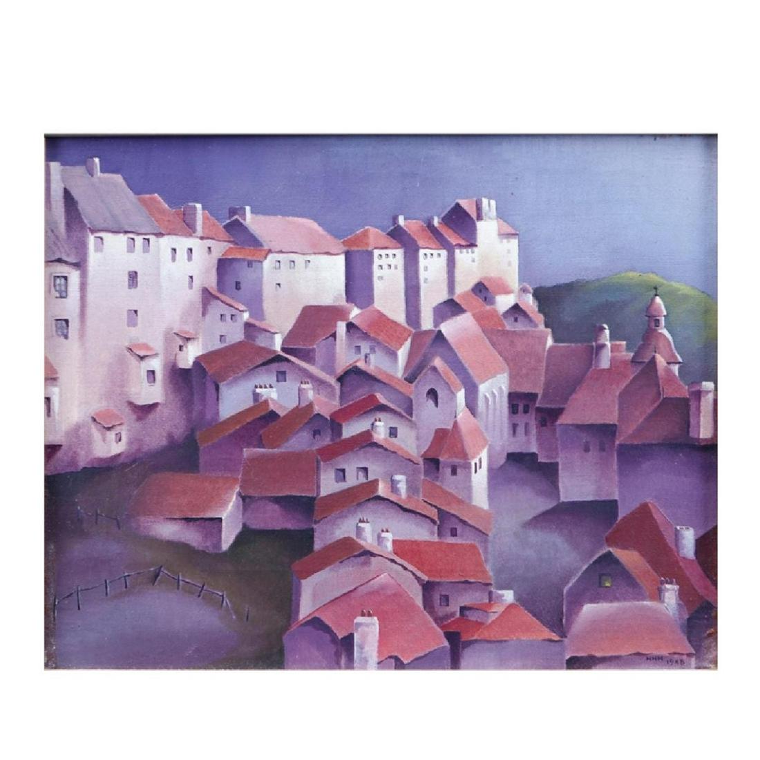 Natalie Hays Hammond (1904 - 1985): Natalie Hays Hammond, American (1904 - 1985) Oil on Canvas "St. Flour, France" Signed and Dated 1948 Lower Right. Label affixed to obverse side. Measures 8-1/2" x 10-5/8", frame measures 9-3/8" x 11-1