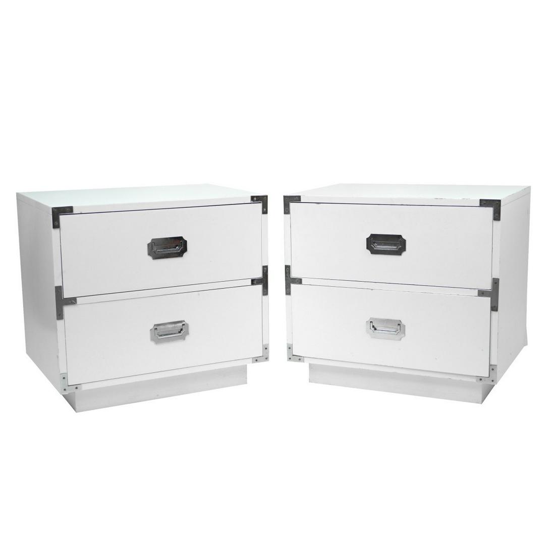 Pair of Nightstands: Pair of Mid Century Campagner Nightstands with Metal Detail. Signed. Features two doors. Measures 22-3/8" x 24" x 17". Condition: Some surface scuffs and wear otherwise good condition. Estimate: $50.0