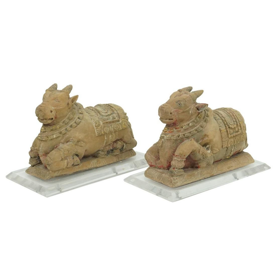 Pair of Antique Style Horses: Pair of Modern Antique Style Chinese Tang Polychrome Wood Carved Recumbent Horses on Lucite Bases. Horses measure 6-3/8" x 8-3/4" x 3". Overall measures 7" x 10-7/8" x 5". Condition: Good condition. N