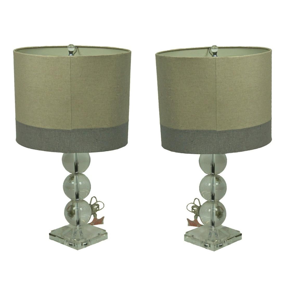 Pair of Modern Lamps: Pair of Modern Glass Ball Lamps on Lucite Base with Shades. Lamps measures 18-1/2" x 5-7/8" square base. Shade measures 12" x 15" x 10". Condition: Good condition. Estimate: $50.00 - $150.00 Domestic 