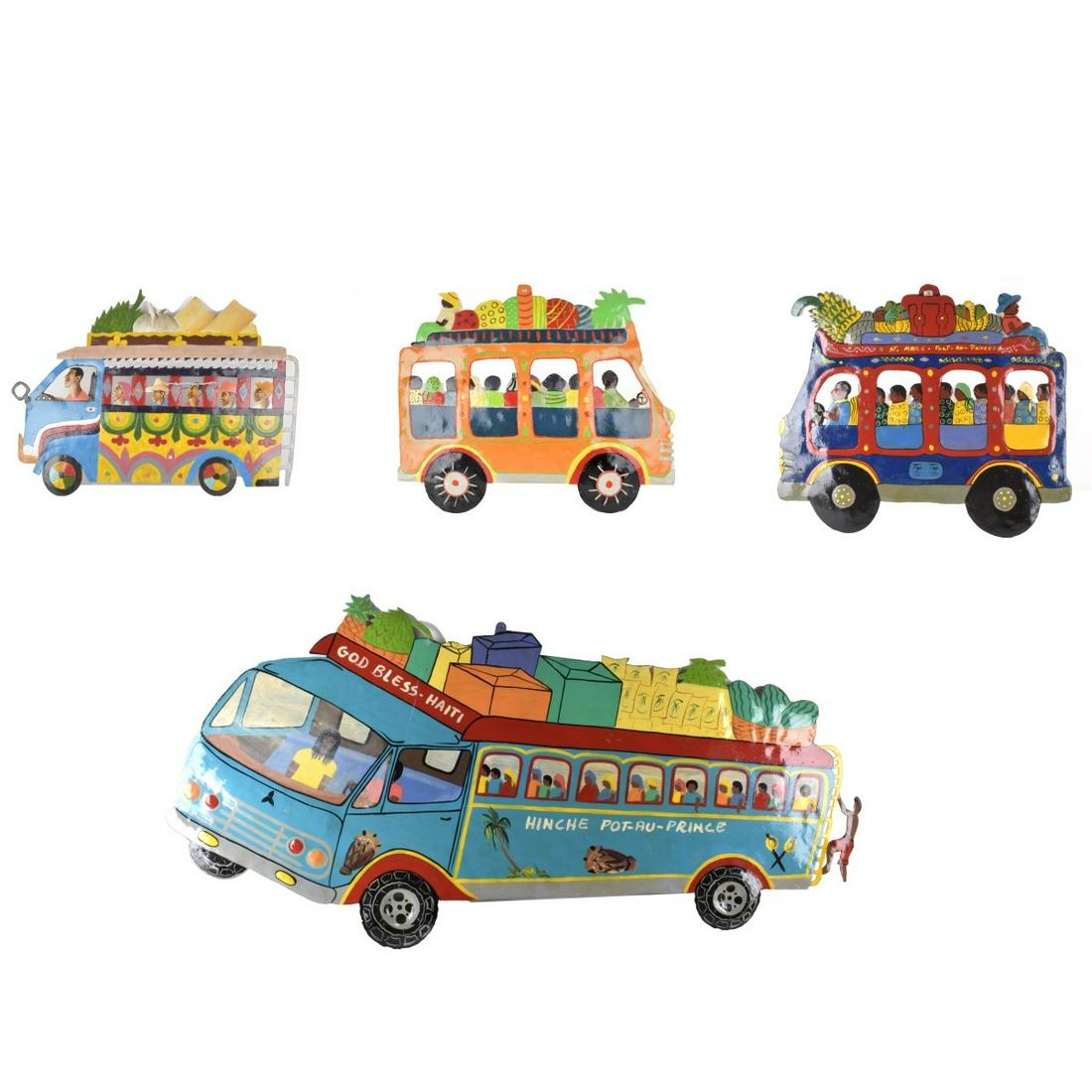 Haitian Metal Art: Grouping of Four (4) Vintage Haitian Hand Painted Metal Bus Form Wall Art. Smallest is signed L. Desimus. Largest measures 17-3/8" x 35", smallest measures 10-7/8" x 15-1/4". Condition: Good condition