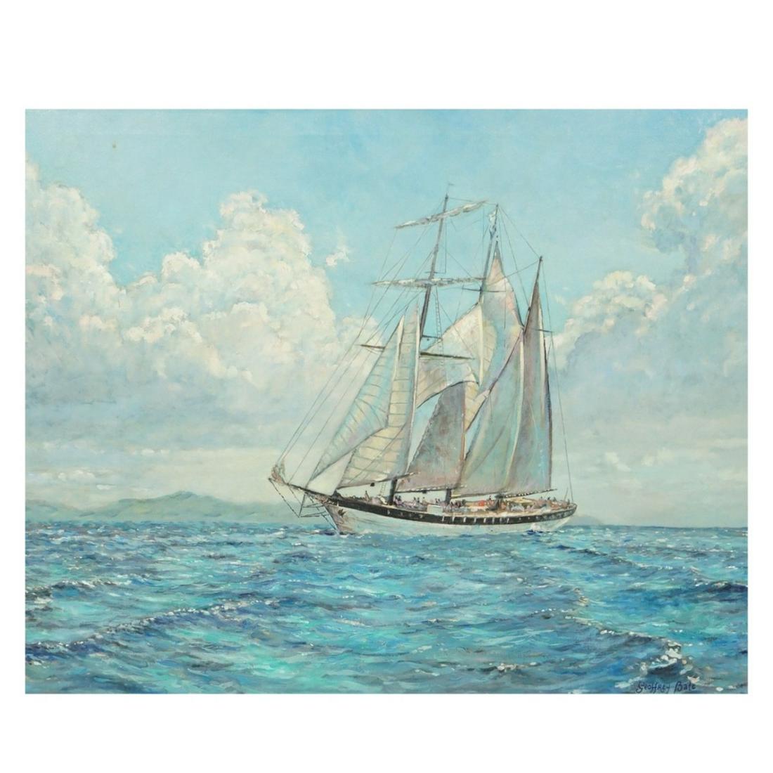 Geoffrey Bate, American (20th c.): Geoffrey Bate, American (20th century) Oil on Canvas "Flying Cloud" Signed Lower Right. Inscribed en verso. Measures 24" x 30". frame measures 33-1/4' x 38-7/8". Condition: Good condition. Estimate: $