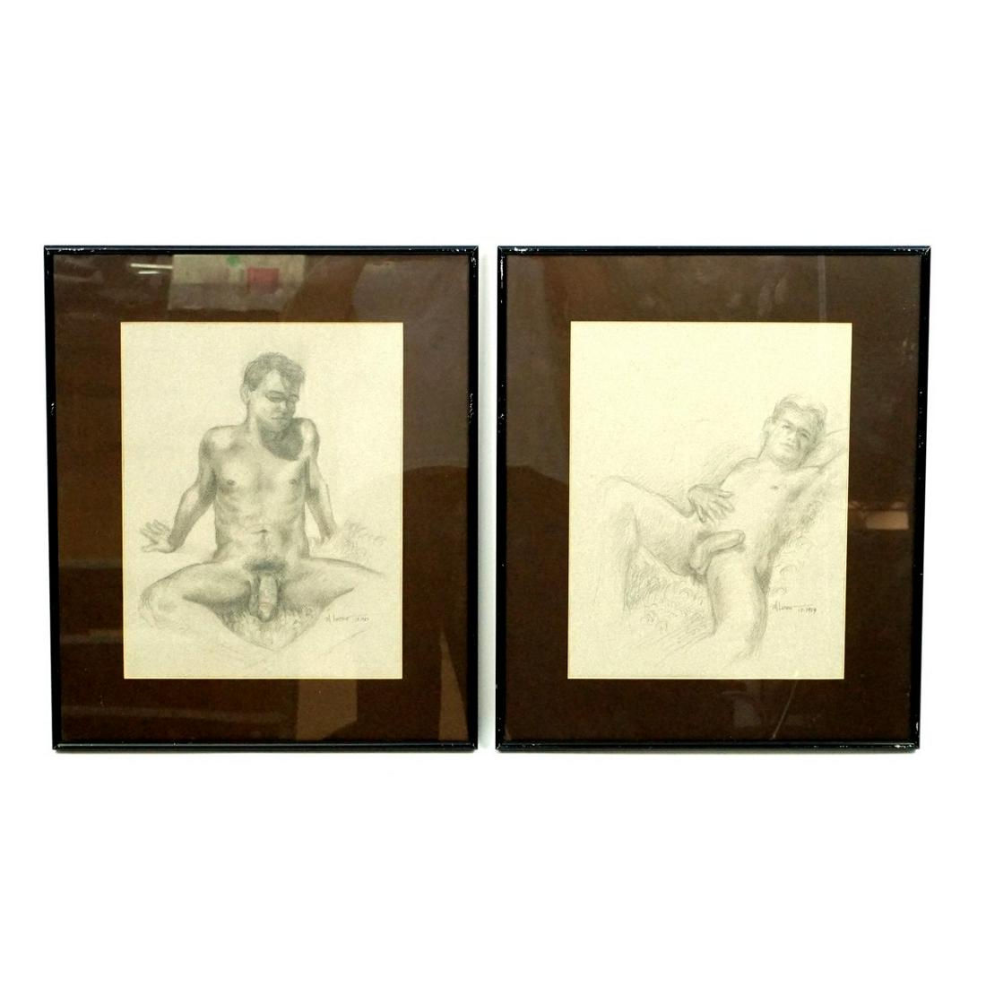 M. Lucero (20th C): M. Lucero (20th Century) Pair of Sketch Drawings on Paper "Male Nude Models" Signed and Dated 12-1989 Lower Right. Sight measures 13-1/2" x 10-1/2". Frame measures 19-1/4" x 16-1/8". Condition: Good c