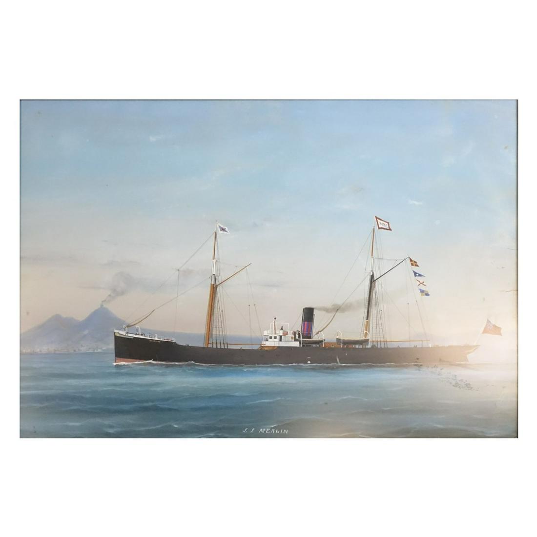 Continental School G/P: Antique Continental School Gouache on Paper "S.S. Merlin" Unsigned. Measures 16-1/2" x 24-3/4", frame measures 19-3/4" x 27-1/2". Condition: Appears to have some creases to an area center right otherw