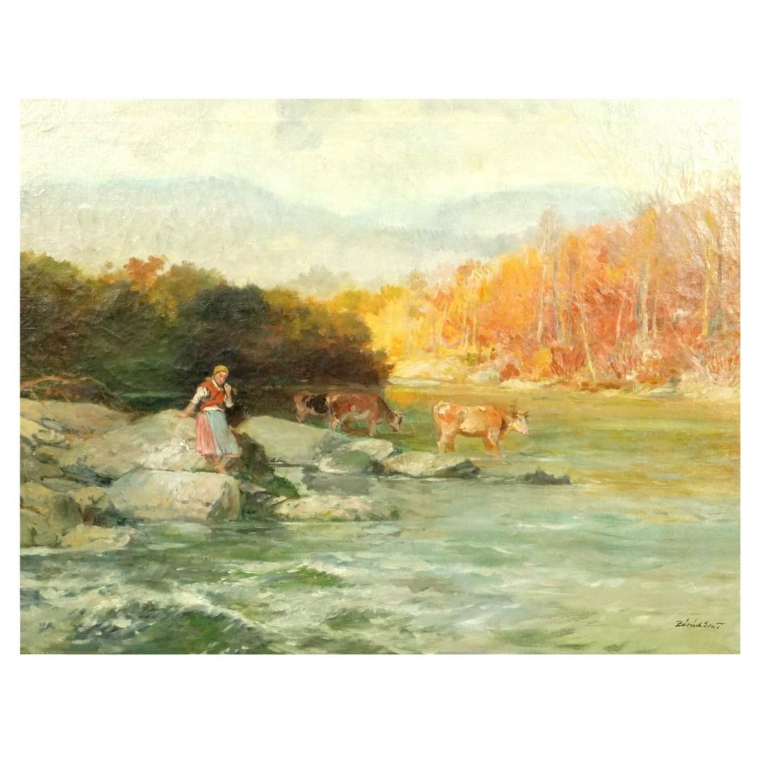 Erno Zorad (1911 - 2004): Erno Zorad, Hungarian (1911 - 2004) Oil on Canvas "Pastoral Scene" Signed Lower Right. Measures 24-1/8" x 30-1/8". Frame measures 28-3/4" x 34-5/8". Condition: Yellowing to the canvas, some craquelure