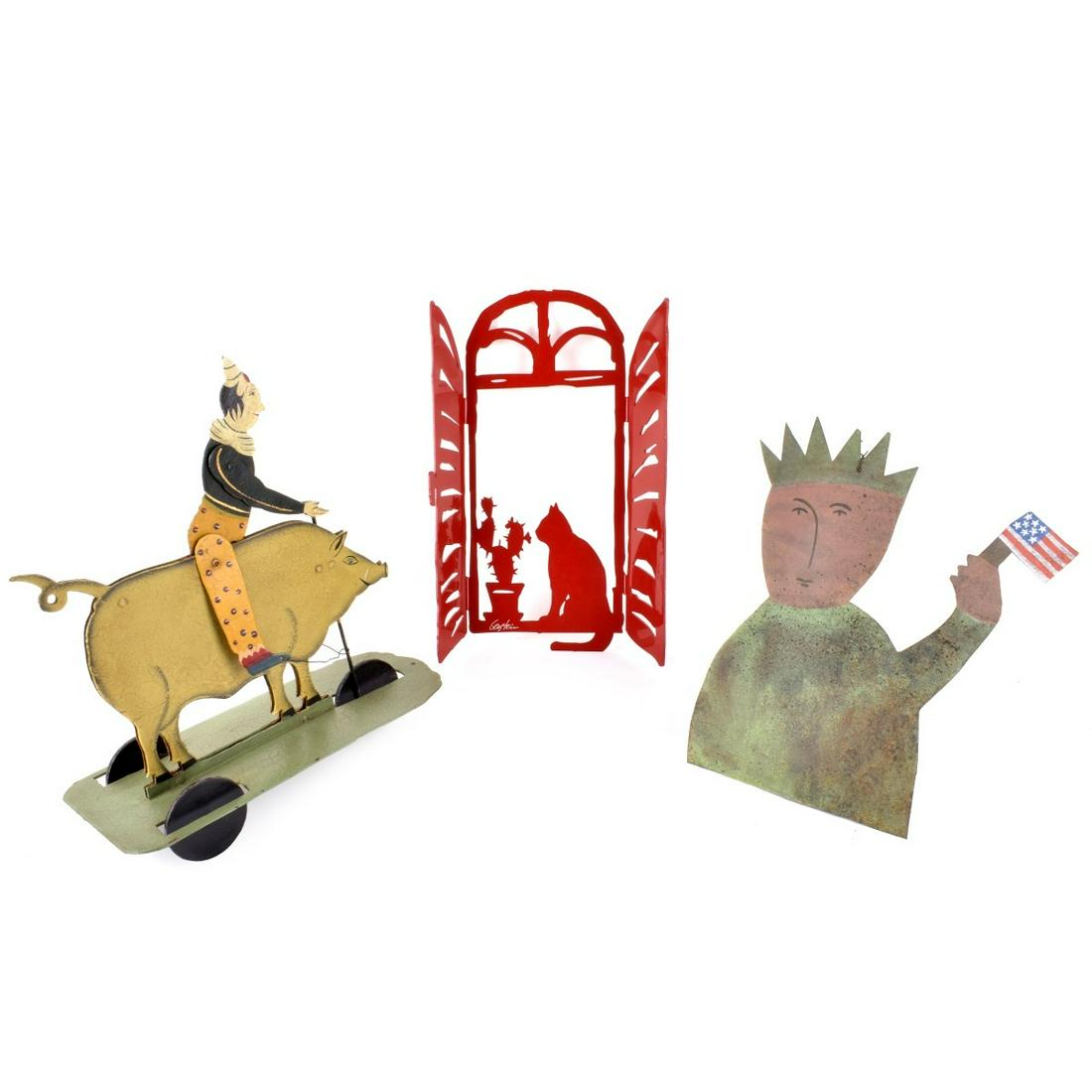 Assorted Metal Figures: Grouping of Three (3) Vintage Assorted Metal Figures. Includes a folk art rolling figure, a signed Tomas Savrda metal wall hanging figure, and a signed David Gerstein wall hanging figure. Rolling figu