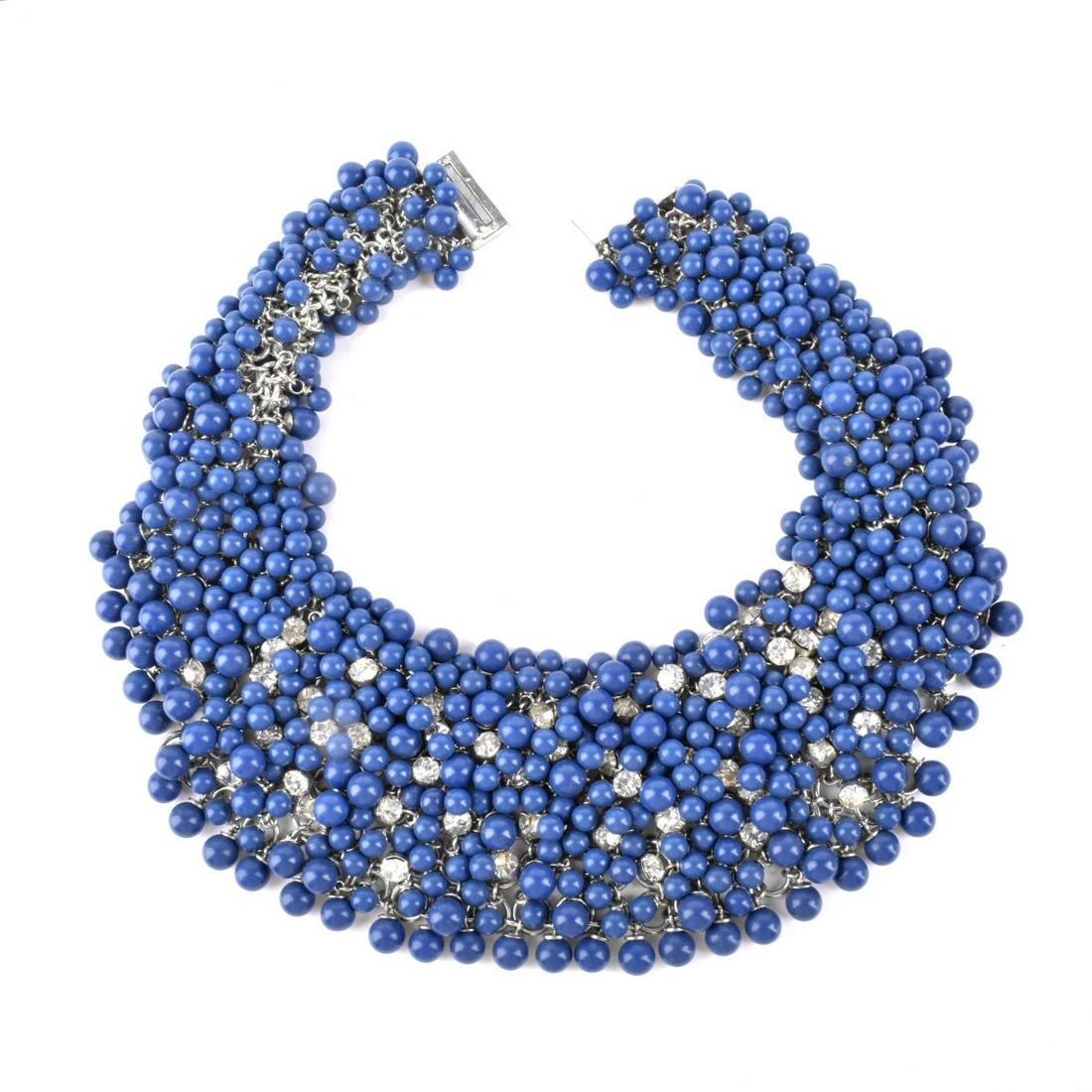 Fashion Bead Necklace: Vintage Fashion Blue Bead, Rhinestone and White Metal Chain Mail Necklace. Unsigned. Measure 17" L, 2-1/2" W. Approx. weight: 397.18 grams. Condition: Very good vintage condition. Estimate: $100.00 - 