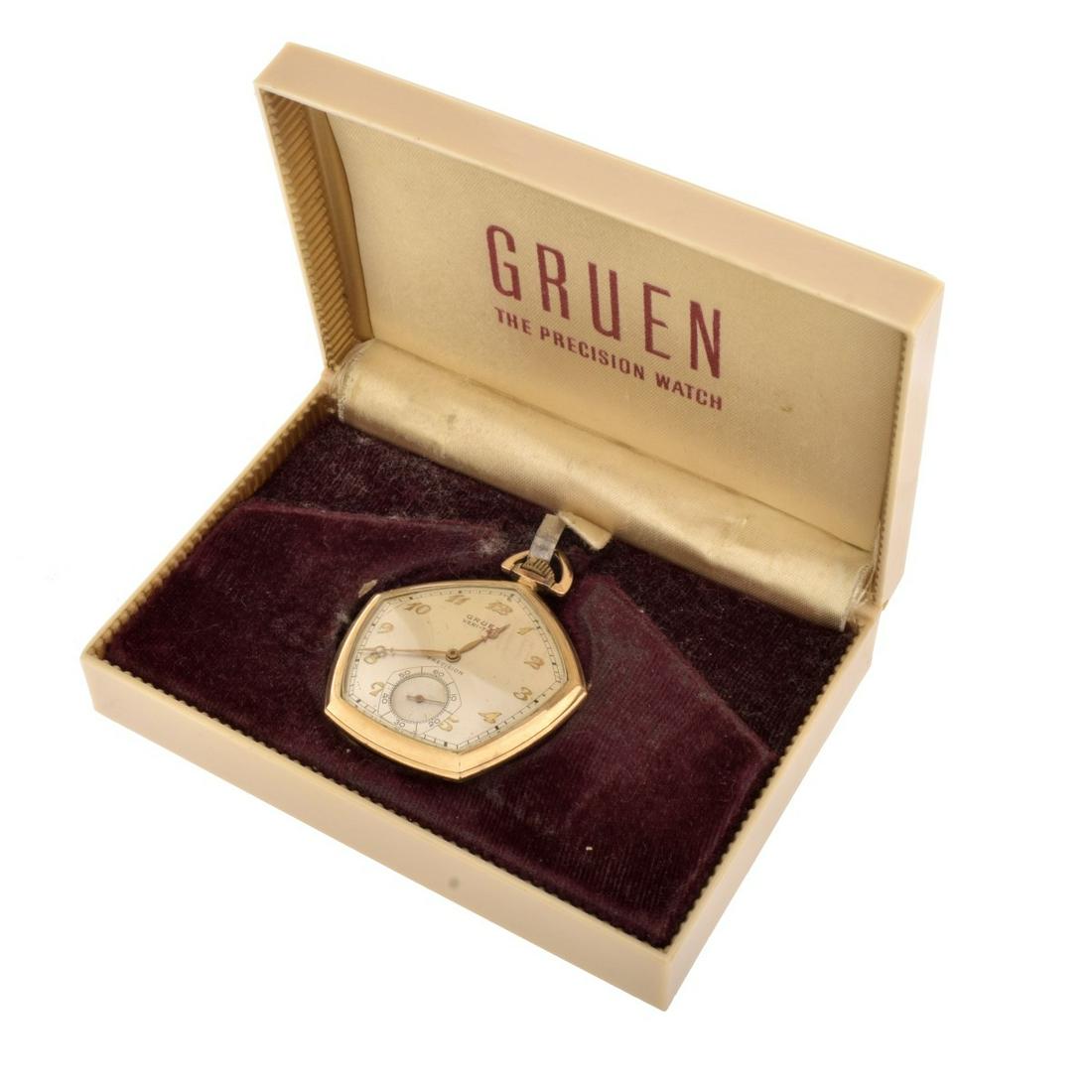 Vintage Gruen Pocket Watch: Vintage Circa 1947 Gruen Pocket Watch. Manual wind movement. Case measures 44mm. With box. Condition: Very good vintage condition. Running. Light surface wear from normal use. Engraved dedication to c