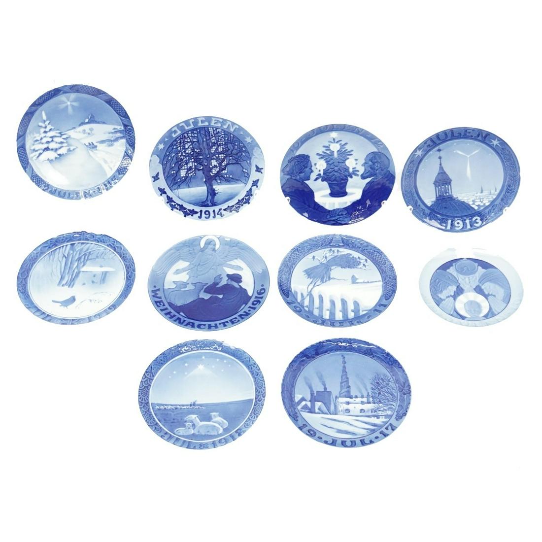 Royal Copenhagen Christmas Plates: Set of Nine Circa 1910s Royal Copenhagen Porcelain Christmas Plates. All are appropriately signed and numbered. Largest plate measures 7". Smallest measures 6-1/8". Condition: Good condition. Estimate