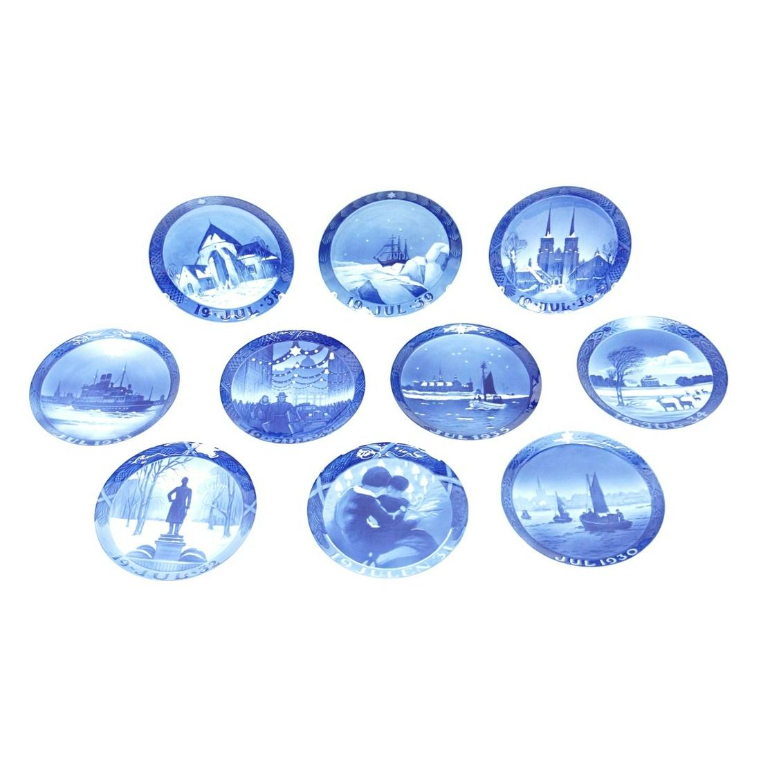 Royal Copenhagen Christmas Plates: Set of Twenty 1930s to 1940s Royal Copenhagen Porcelain Plates. Includes: (10) 1930s and (10) 1940s. Each are appropriately signed. Plates on average measure approx. 7-1/4", Condition: Good condition.