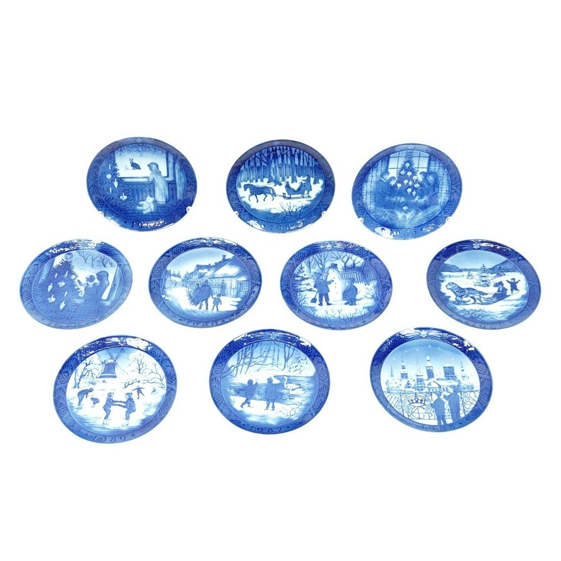 Royal Copenhagen Christmas Plates: Set of Twenty 1970s to 1990s Royal Copenhagen Porcelain Plates. Includes: (10) 1960s, (10) 1970s, and (4) 1990S. Each are appropriately signed. Plates on average measure approx. 7-1/4", Condition: Goo