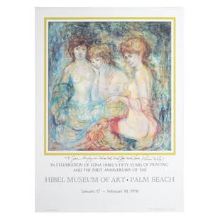 Edna Hibel Poster: Vintage Edna Hibel Museum of Art - Palm Beach Poster. Presentation inscription en center. Sight measures 23-3/8" x 17-5/8", frame measures 25-3/4" x 19-3/4". Condition: Good condition. Estimate: $50.0