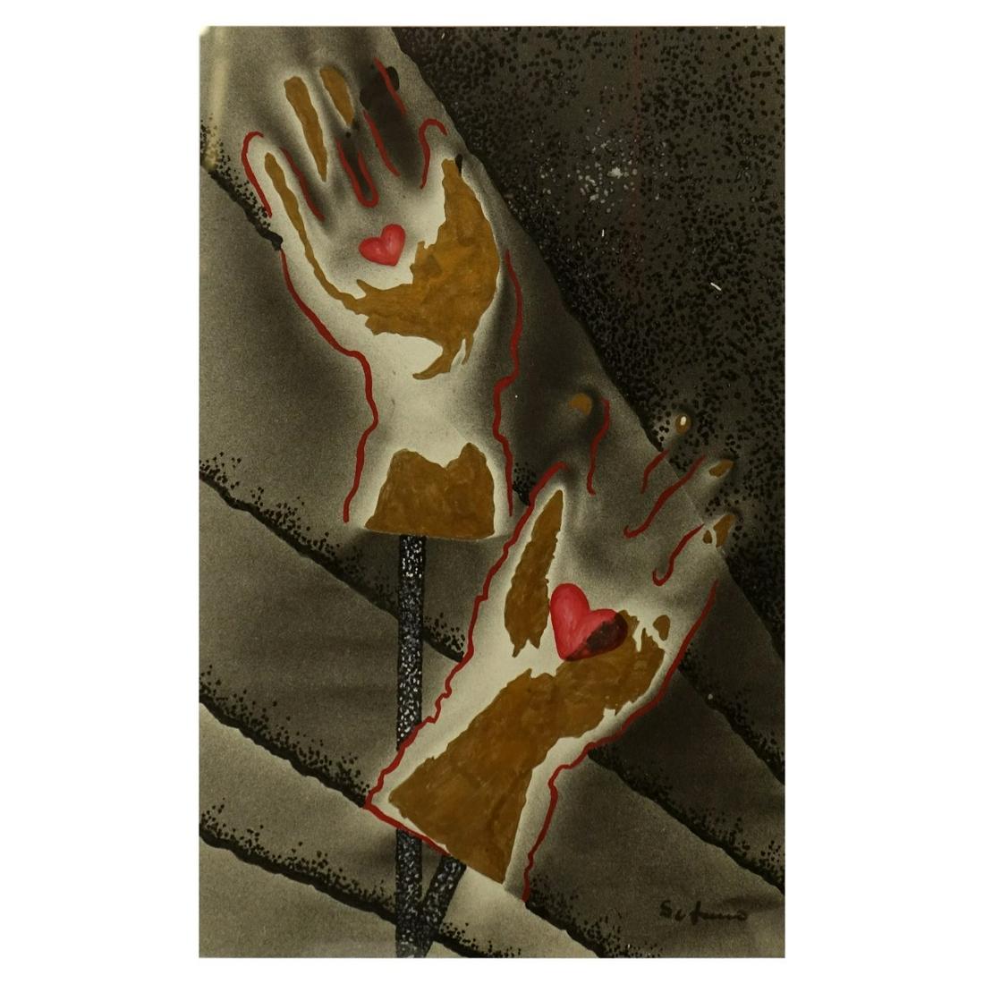 Poss: Mario Schifano (1934-1998) Mixed Media: Possibly Mario Schifano, Italian (1934-1998)l Photo montage with acrylic "Heart Hands". Signed lower right. Measures 19" x 12-1/2" (sight), frame measures 24" x 17-1/2". Condition: Good condition. Est