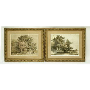 2 Alexandre Calame (1810-1864) Swiss Lithographs: Two (2) Alexandre Calame (1810-1864) Swiss Landscape Oak Trees Lithographs. Chenes and Chenes et Alnes. Signed lower right in plate, publisher Imp. Lith. de Cattier a Paris. Figures para Ferogio. Meas