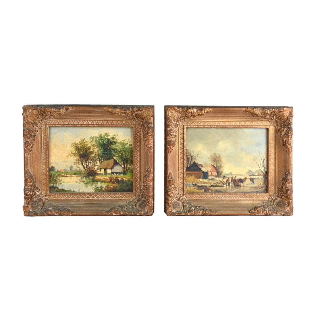 Two (2) Dutch School Oil on Masonite Paintings: Two (2) Dutch School Oil on Masonite Paintings Signed Lower. Each depicts an outdoor scene with figures. Sights measure 8" H x 10" W, frame measures 12-1/2" H x 14-1/2" W. Condition: Yellowing to boar