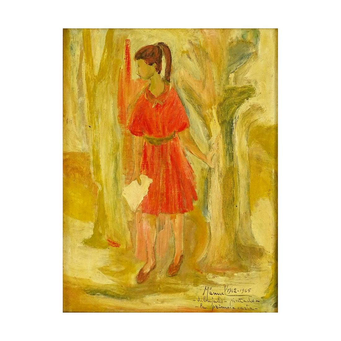 Manuel Bordogna, Venezuelan (20th C) O/B: Manuel Bordogna, Venezuelan (20th C) Oil on board "Girl in Woods" Signed and titled lower right. Measures 13" x 10", frame measures 23" x 20". Condition: Good condition Estimate: $50.00 - $150.00 Dome