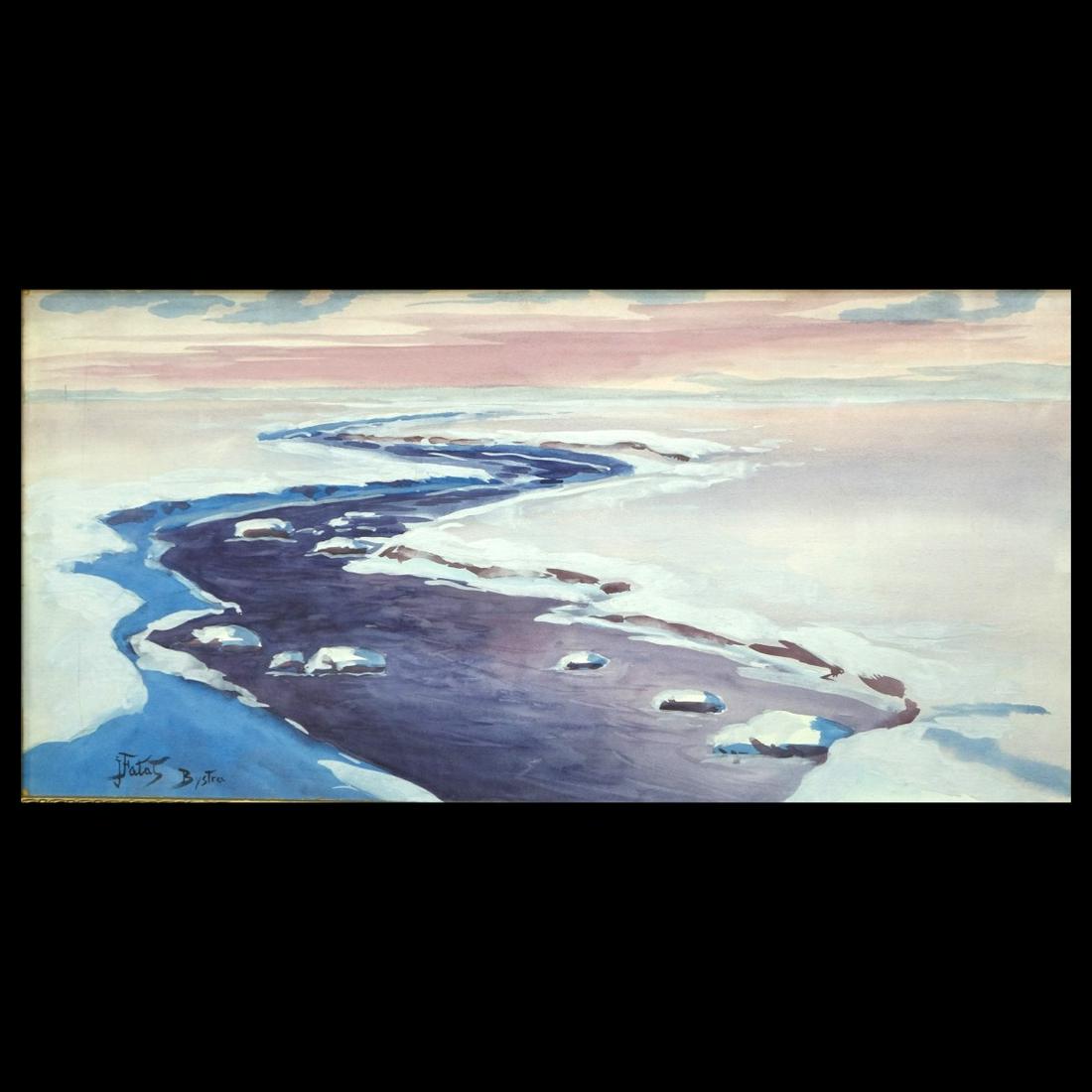 Attributed: Julian Falat (1853-1929) Watercolor: Attributed: Julian Falat, Polish (1853-1929) Watercolor on paper "Bystra Landscape With River" . Signed lower left. Measures 14" x 28", frame measures 19-3/8" x 33-1/2". A work listed as "attributed t