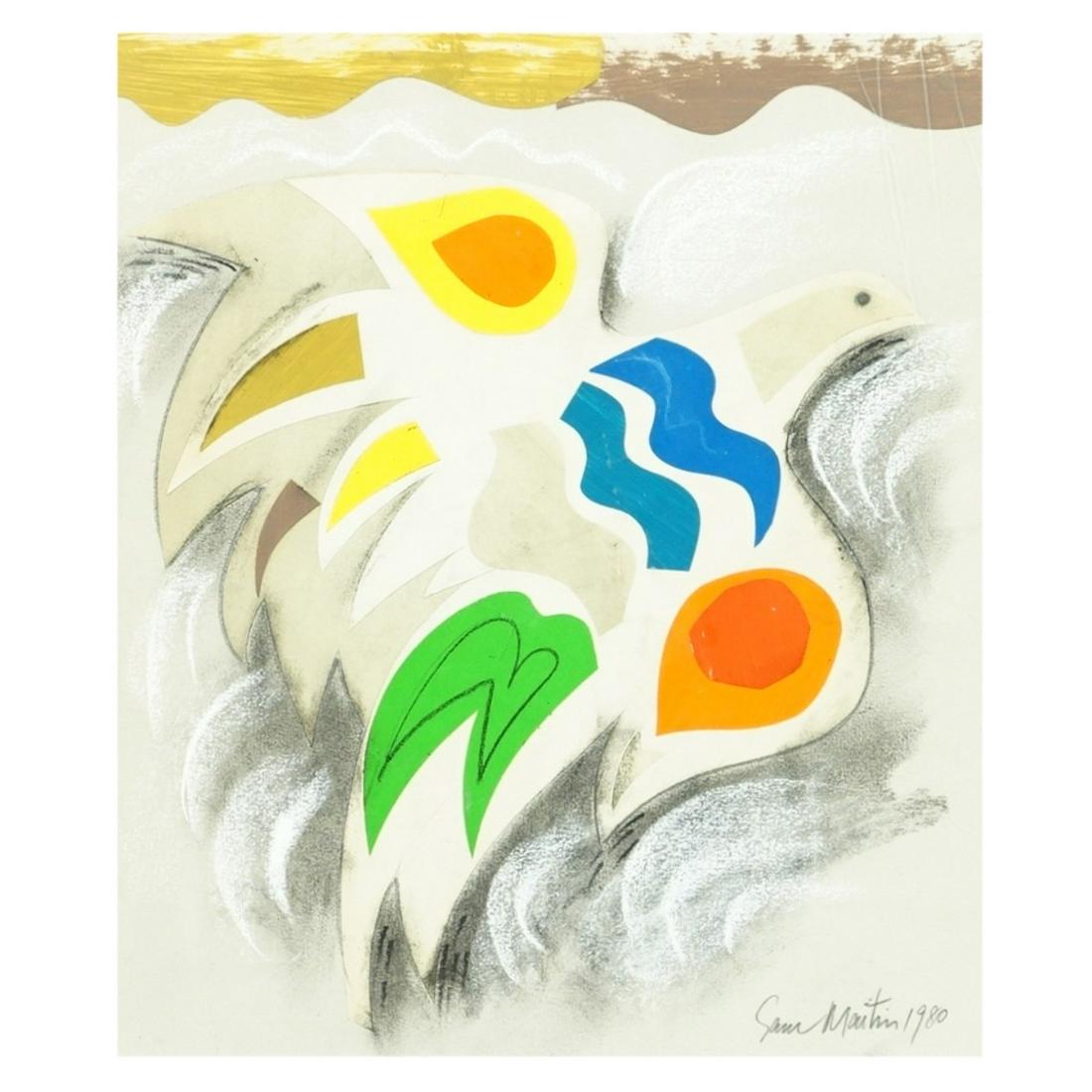 Sam Maitin (1928 - 2004): Sam Maitin, American (1928 - 2004) Mixed Media on Paper "Bird in Flight" Pencil Signed and Dated 1980 Lower Right. Measures 12 x 10-1/8". Frame measures 16-7/8" x 14-7/8". Condition: Good condition. E